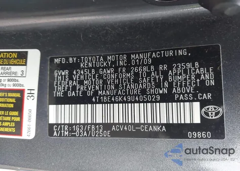 2009 Toyota Camry Se/Le/Xle из США, поврежденный, VIN 4T1BE46K49U405029